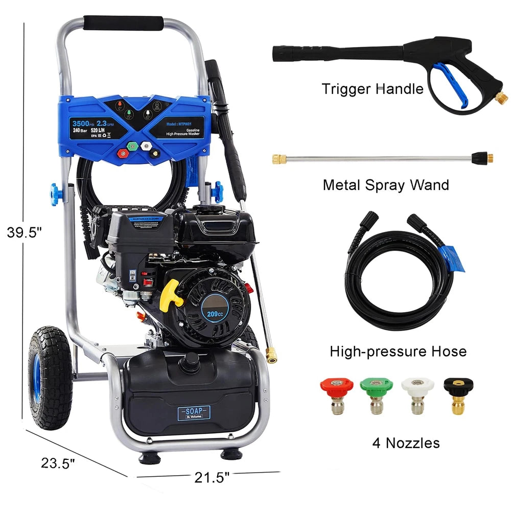 3500 PSI 2.3 GPM Cold Water Gas Powered High Pressure Washer 209cc 4 Nozzles New
