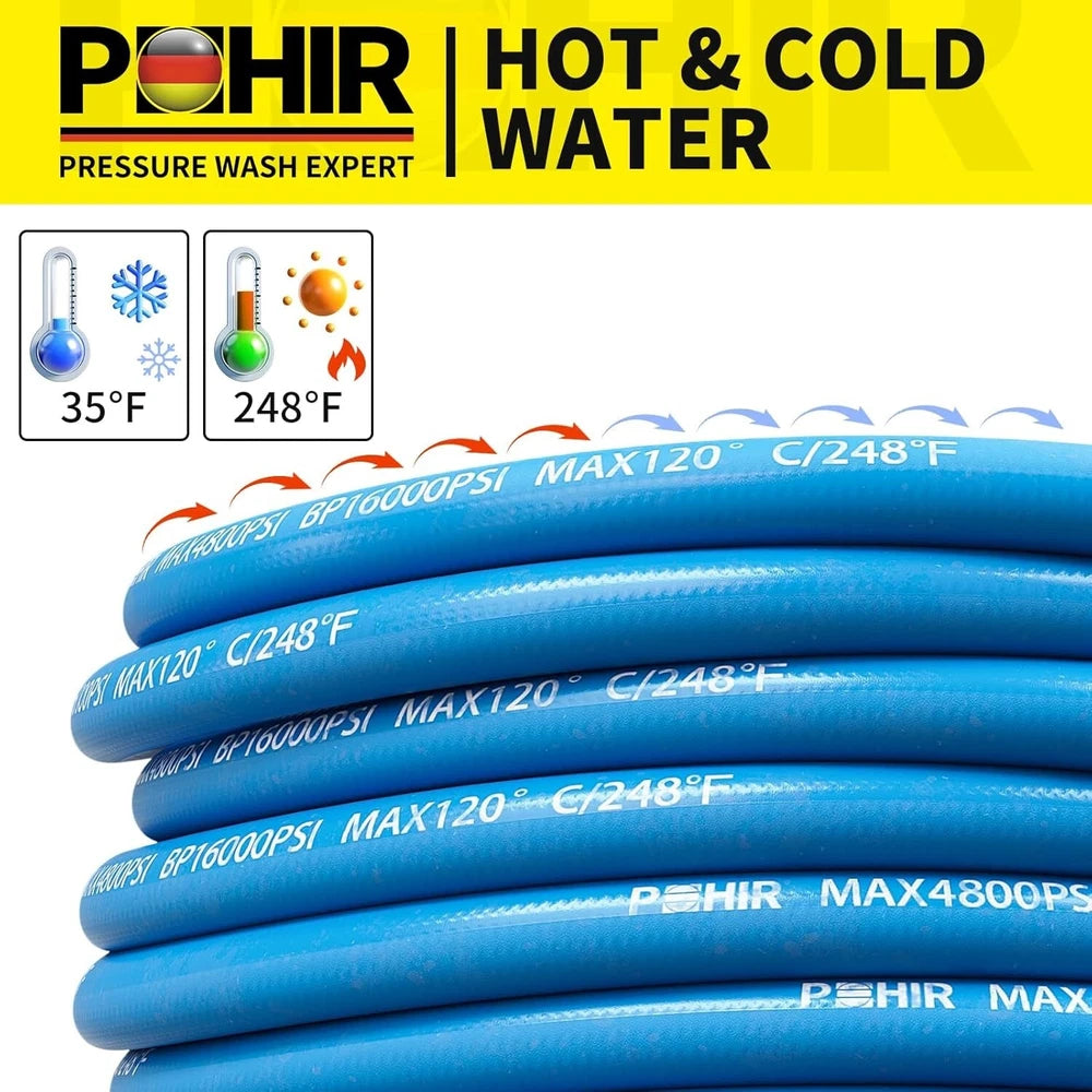 POHIR 4800PSI 50FT Pressure Washer Hose 3/8" Flexible Power Wire Extension Hose