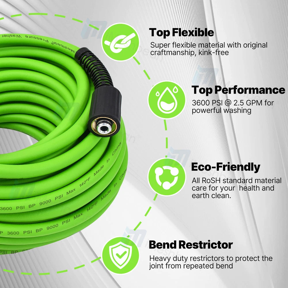Super Flexible Pressure Washer Hose 25-100' 3600 PSI M22-14&15mm, or 3/8" QC