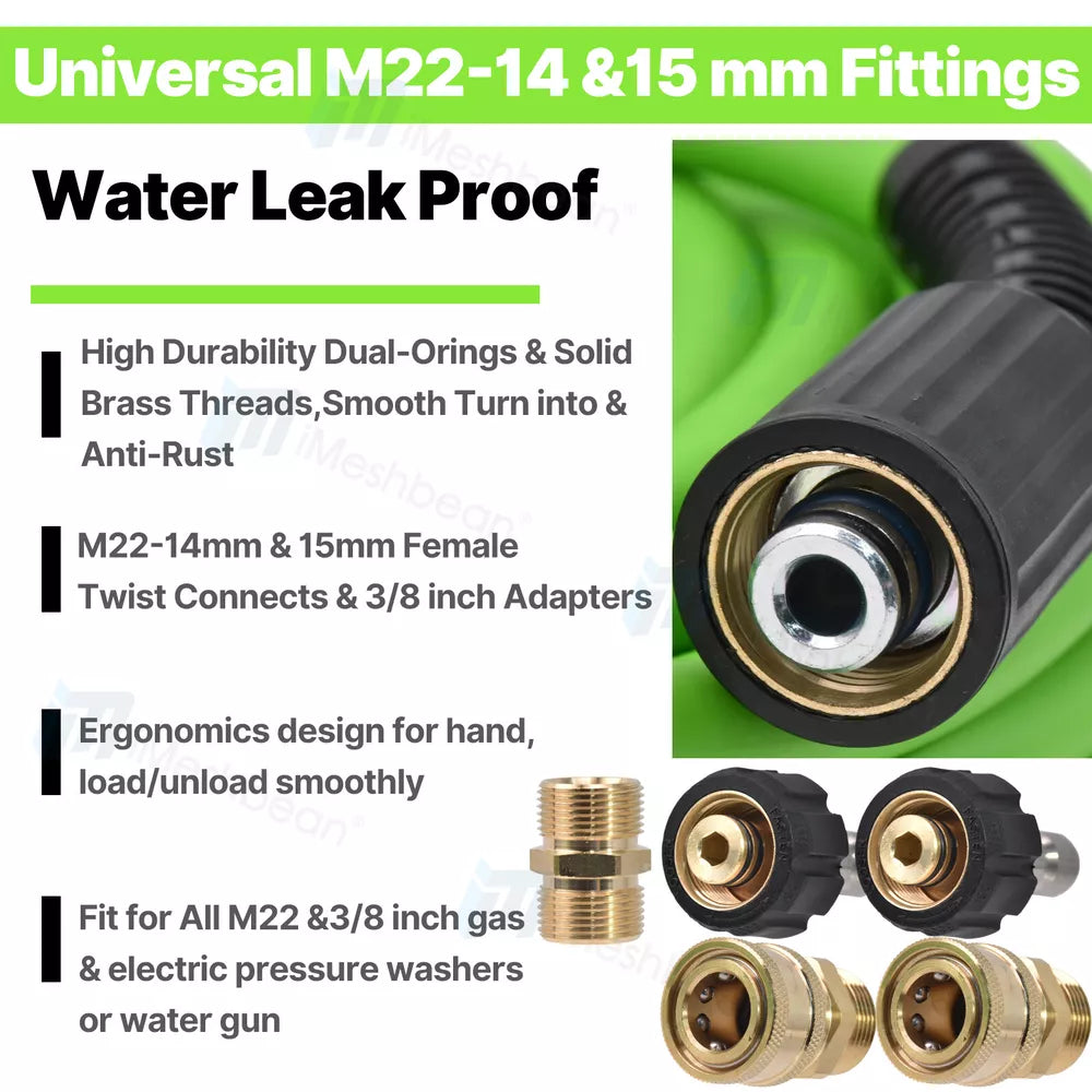 Super Flexible Pressure Washer Hose 25-100' 3600 PSI M22-14&15mm, or 3/8" QC