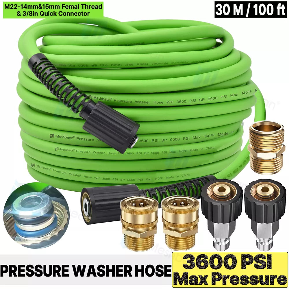 Super Flexible Pressure Washer Hose 25-100' 3600 PSI M22-14&15mm, or 3/8" QC
