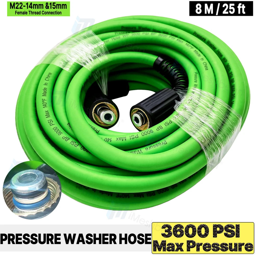 Super Flexible Pressure Washer Hose 25-100' 3600 PSI M22-14&15mm, or 3/8" QC