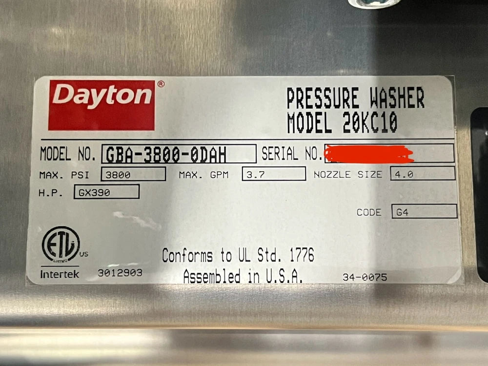 NEW Commercial DAYTON 20KC10 Pressure Washer 3,800 psi Cold 13 HP GBA-3800-0DAH