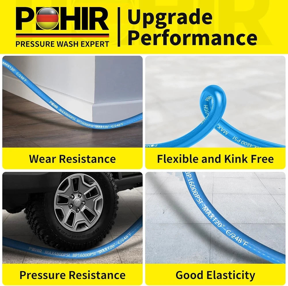 POHIR 4800PSI 50FT Pressure Washer Hose 3/8" Flexible Power Wire Extension Hose