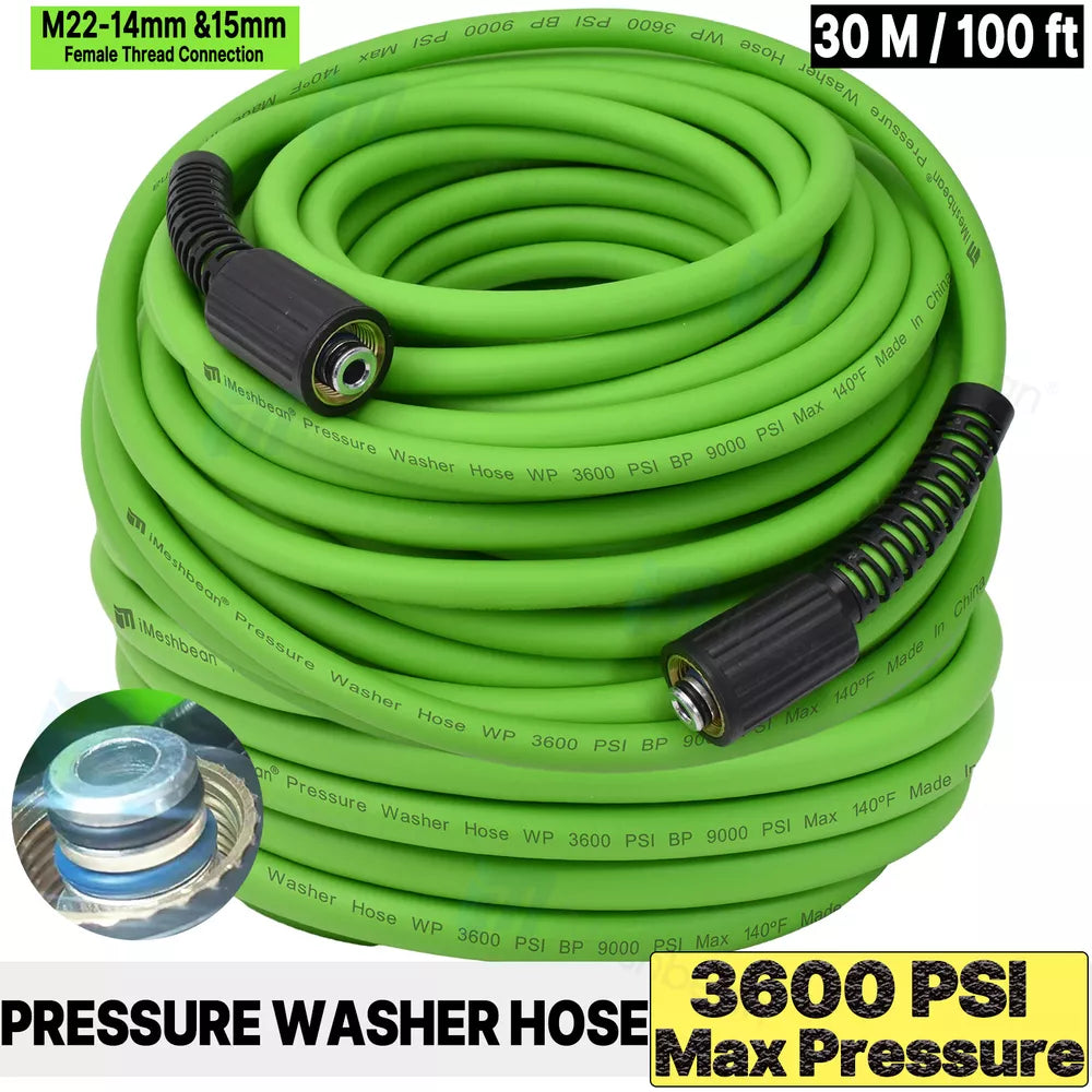 Super Flexible Pressure Washer Hose 25-100' 3600 PSI M22-14&15mm, or 3/8" QC