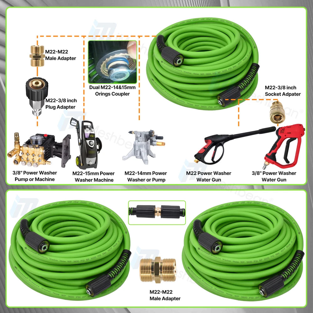 Super Flexible Pressure Washer Hose 25-100' 3600 PSI M22-14&15mm, or 3/8" QC