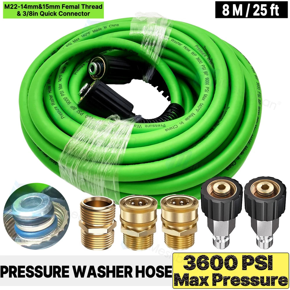 Super Flexible Pressure Washer Hose 25-100' 3600 PSI M22-14&15mm, or 3/8" QC