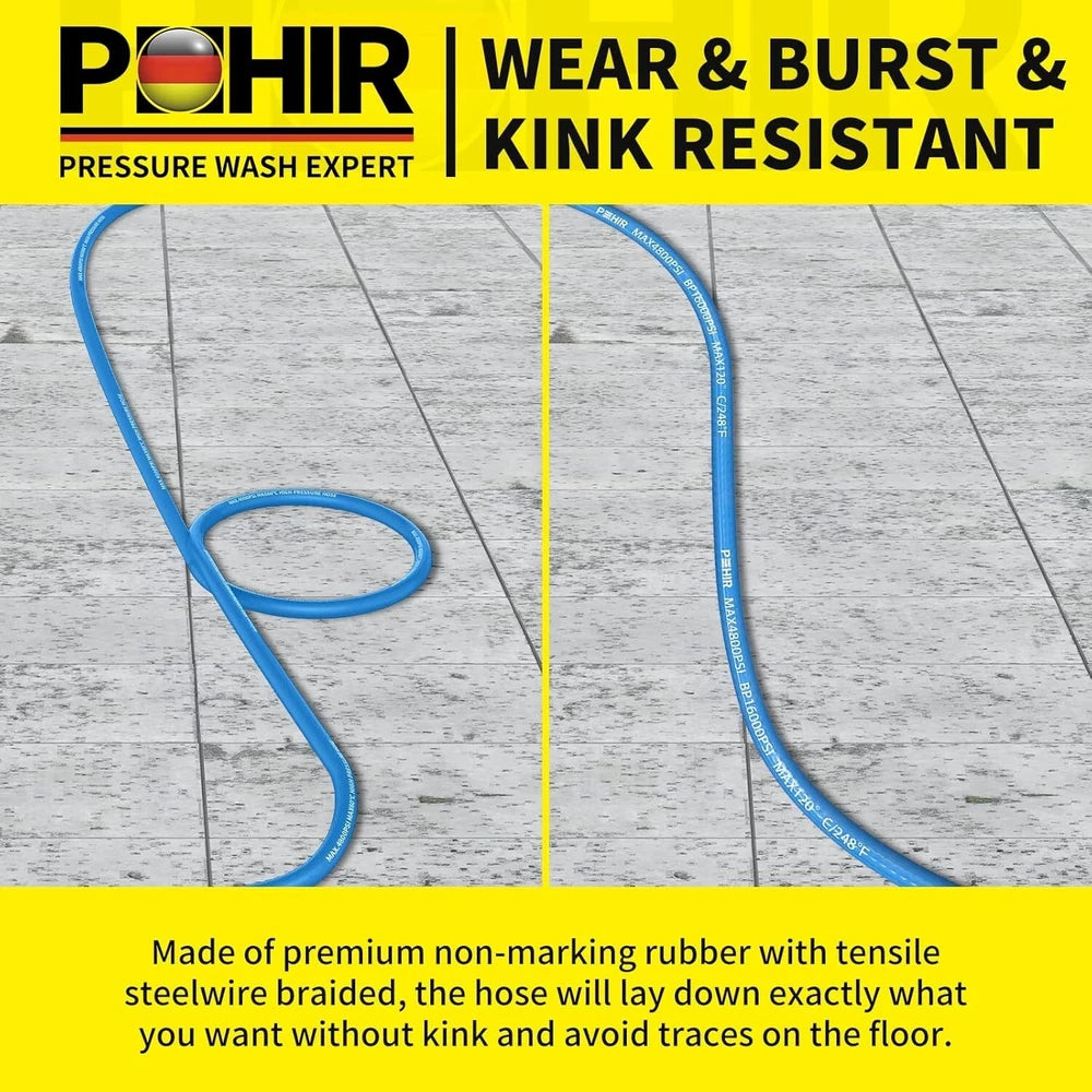 POHIR 4800PSI 50FT Pressure Washer Hose 3/8" Flexible Power Wire Extension Hose