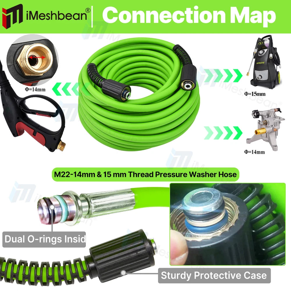 Super Flexible Pressure Washer Hose 25-100' 3600 PSI M22-14&15mm, or 3/8" QC