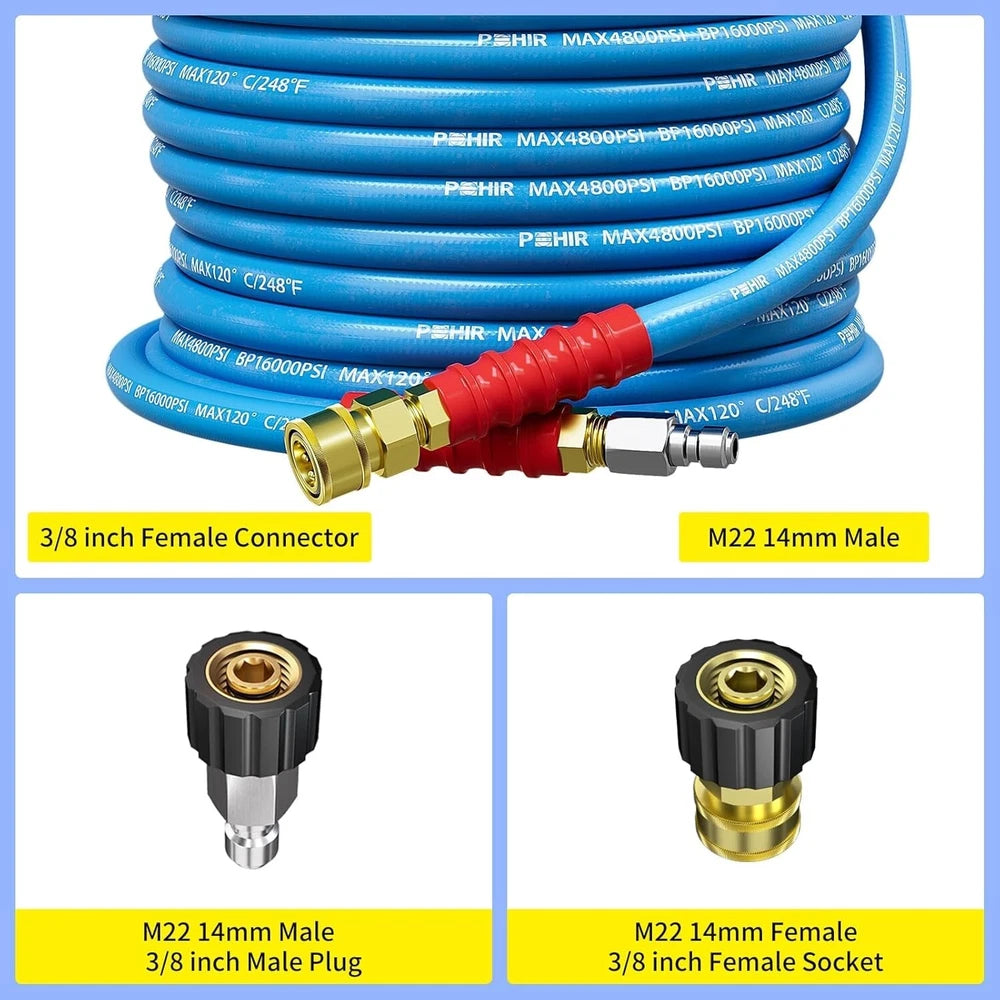 POHIR 4800PSI 50FT Pressure Washer Hose 3/8" Flexible Power Wire Extension Hose