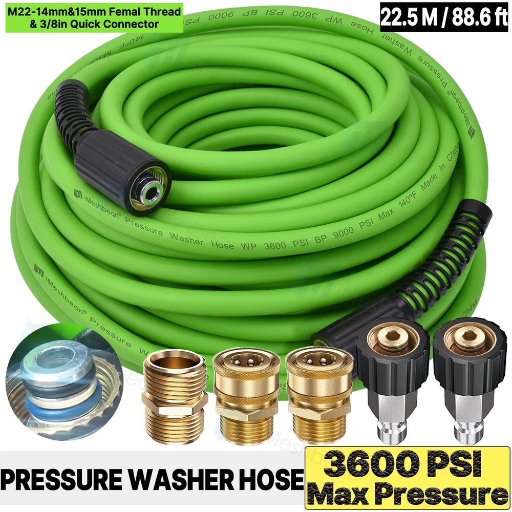 Super Flexible Pressure Washer Hose 25-100' 3600 PSI M22-14&15mm, or 3/8" QC