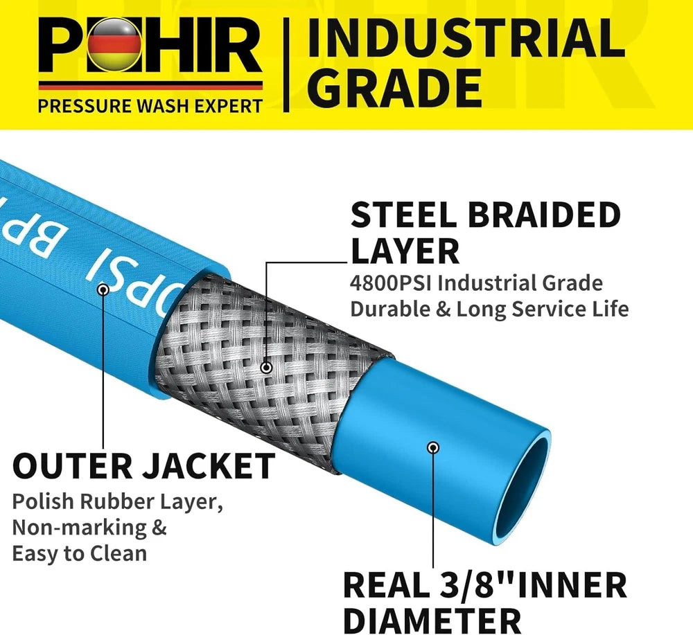 POHIR 4800PSI 50FT Pressure Washer Hose 3/8" Flexible Power Wire Extension Hose