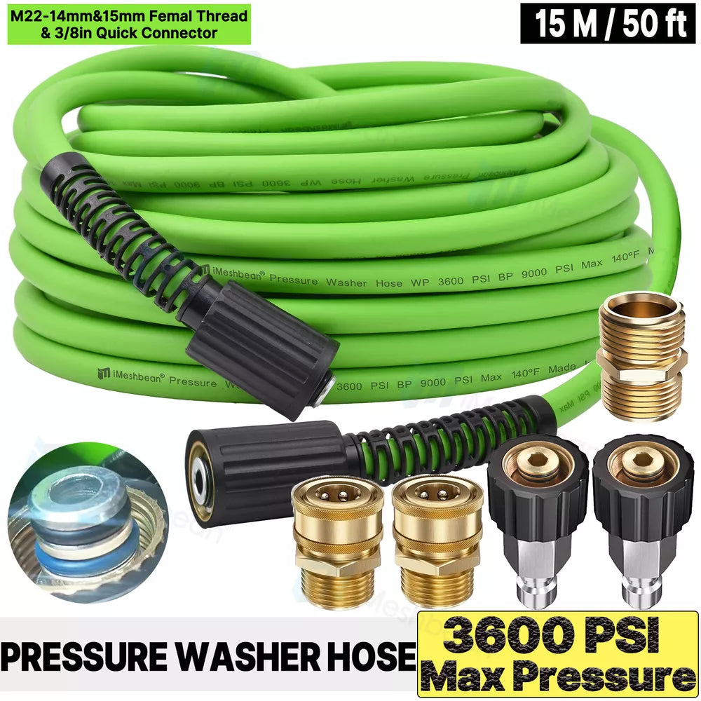 Super Flexible Pressure Washer Hose 25-100' 3600 PSI M22-14&15mm, or 3/8" QC