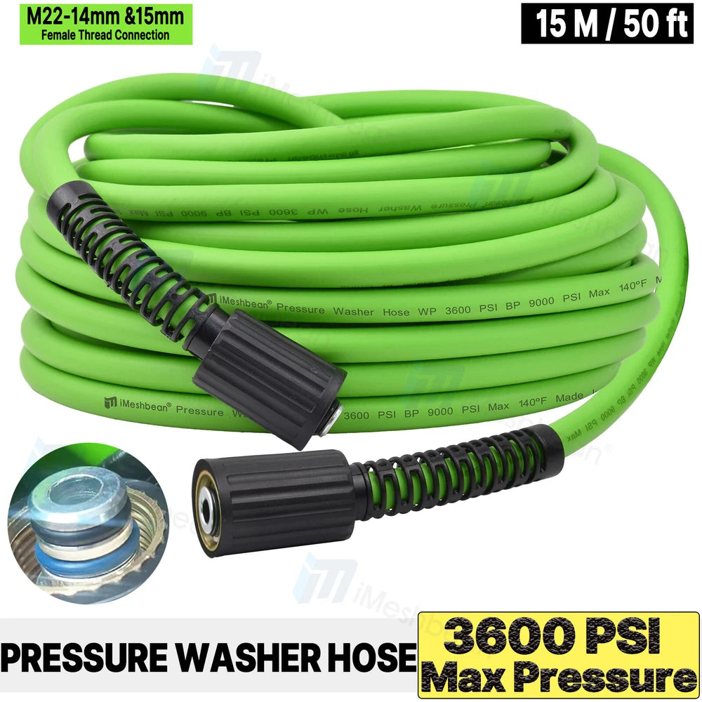 Super Flexible Pressure Washer Hose 25-100' 3600 PSI M22-14&15mm, or 3/8" QC