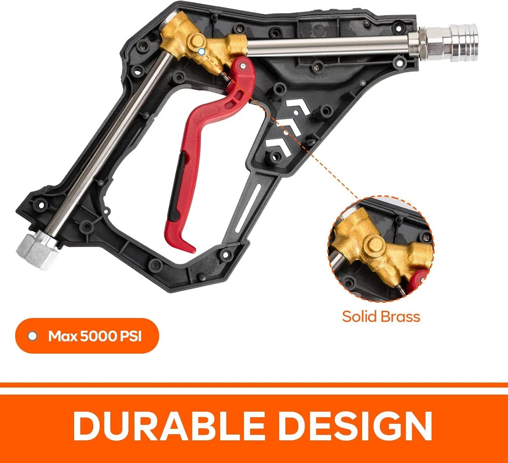 Pressure Washer Short Gun, Commercial 5000 PSI 12 GPM 5 Spray Nozzle Tips, 3/8"