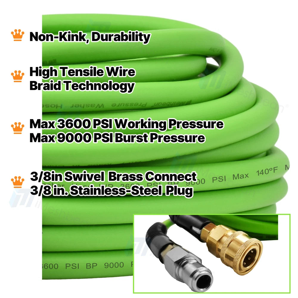 Super Flexible Pressure Washer Hose 25-100' 3600 PSI M22-14&15mm, or 3/8" QC