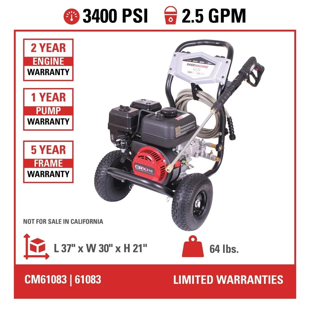 Simpson 61083 Clean Machine 3400 PSI 2.5 GPM Cold Water Gas Pressure Washer New