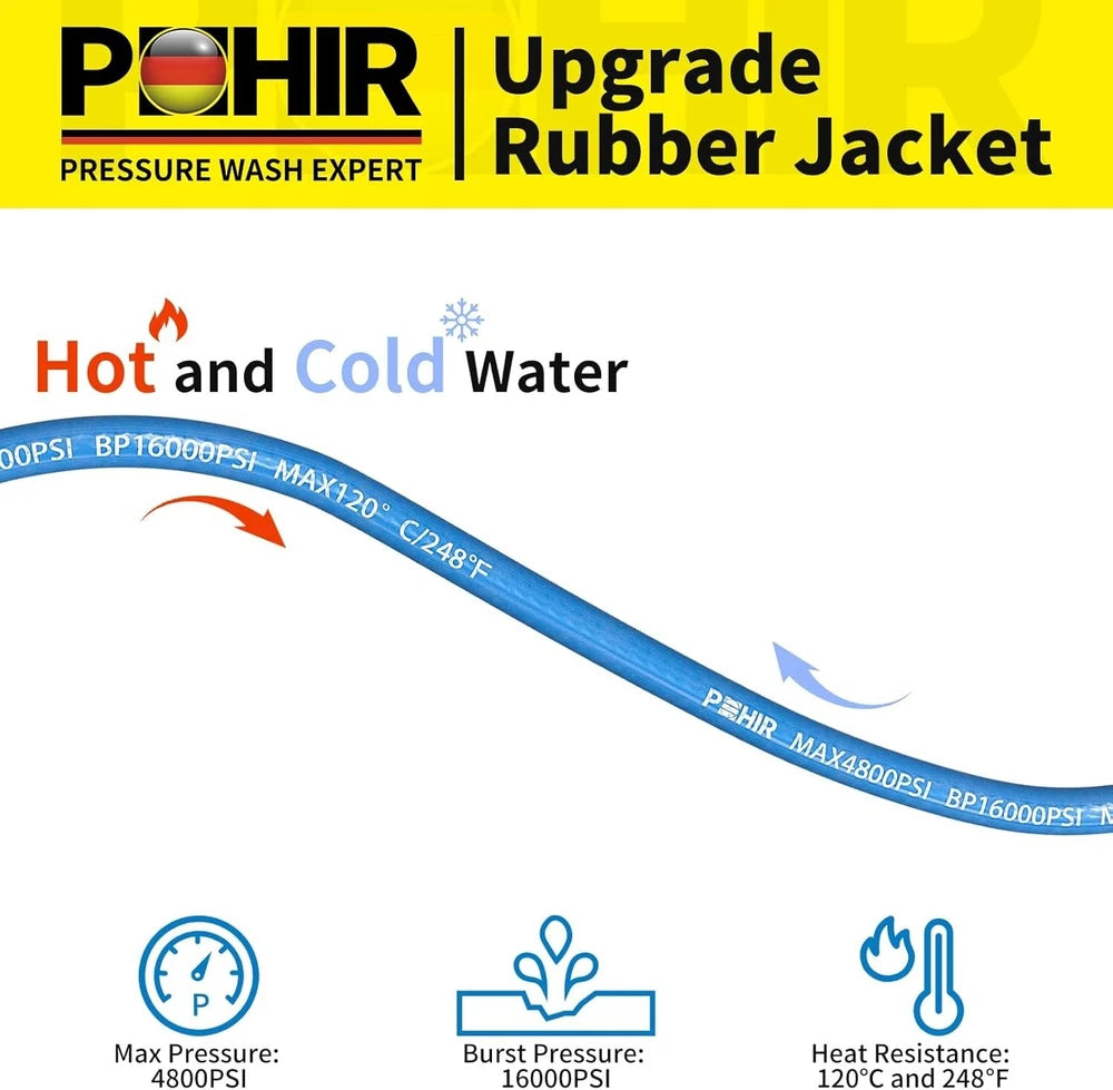 POHIR 4800PSI 50FT Pressure Washer Hose 3/8" Flexible Power Wire Extension Hose