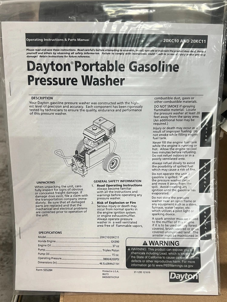 NEW Commercial DAYTON 20KC10 Pressure Washer 3,800 psi Cold 13 HP GBA-3800-0DAH