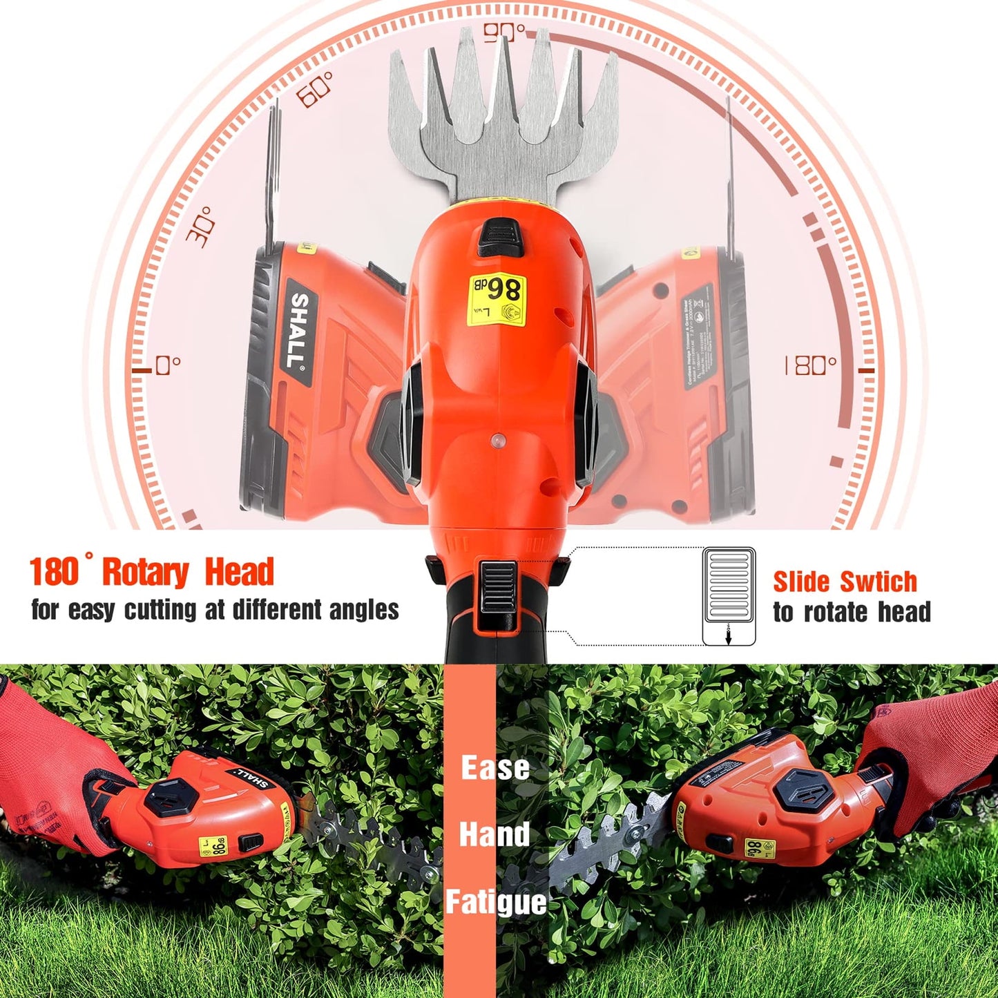 SHALL Hedge Trimmer Cordless & Garden Shears - 7.2V Electric Shrub Trimmer 2 in 1 Garden Clippers Handheld Hedge Trimmers, Hedge Clippers Grass Cutter W/ Pruning Scissor