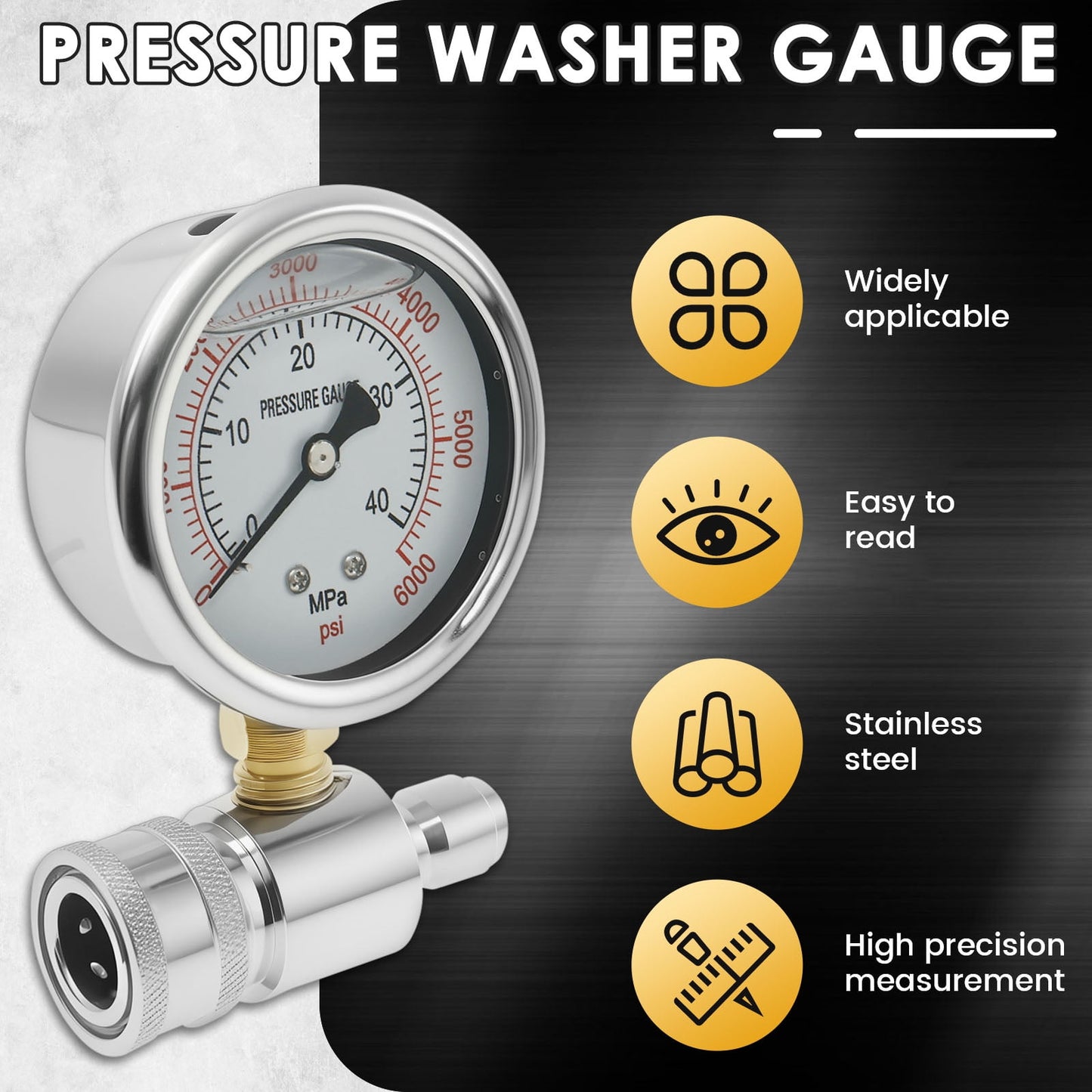 Pressure Washer Gauge 6000PSI Stainless Steel Double Scale Power Washer Gauge with 3/8 Inch Quick Connect for Car