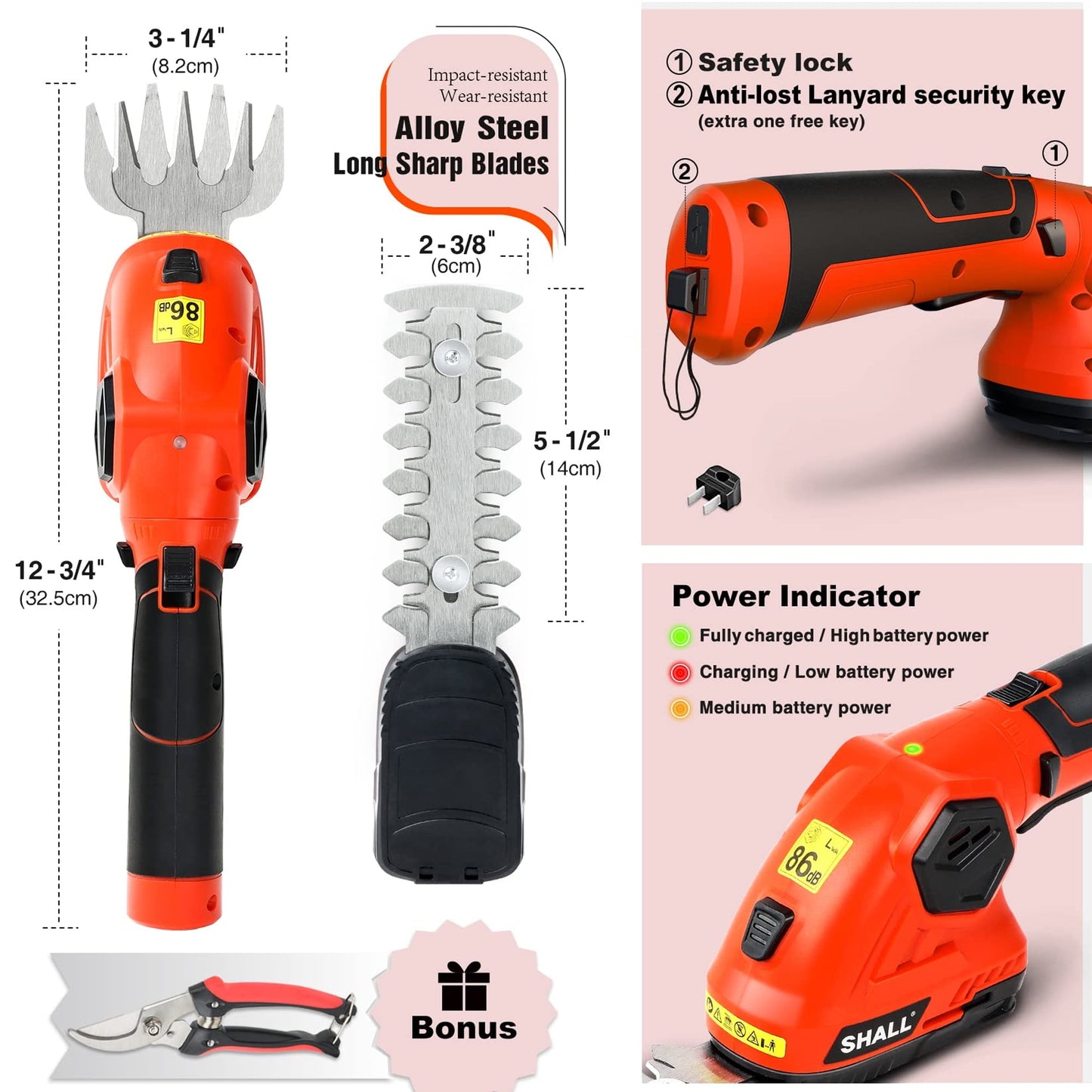 SHALL Hedge Trimmer Cordless & Garden Shears - 7.2V Electric Shrub Trimmer 2 in 1 Garden Clippers Handheld Hedge Trimmers, Hedge Clippers Grass Cutter W/ Pruning Scissor