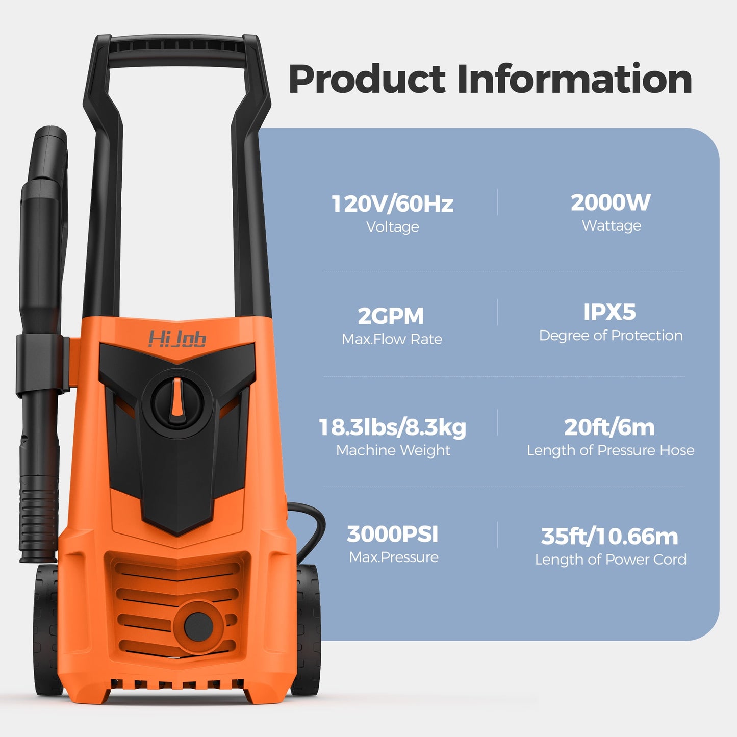 HIJOB Electric 3000 PSI Pressure Washer w/ 20 ft Hose, 4 Quick Connect Nozzles, Foam Cannon, Portable to Clean Patios Cars Fences Driveways