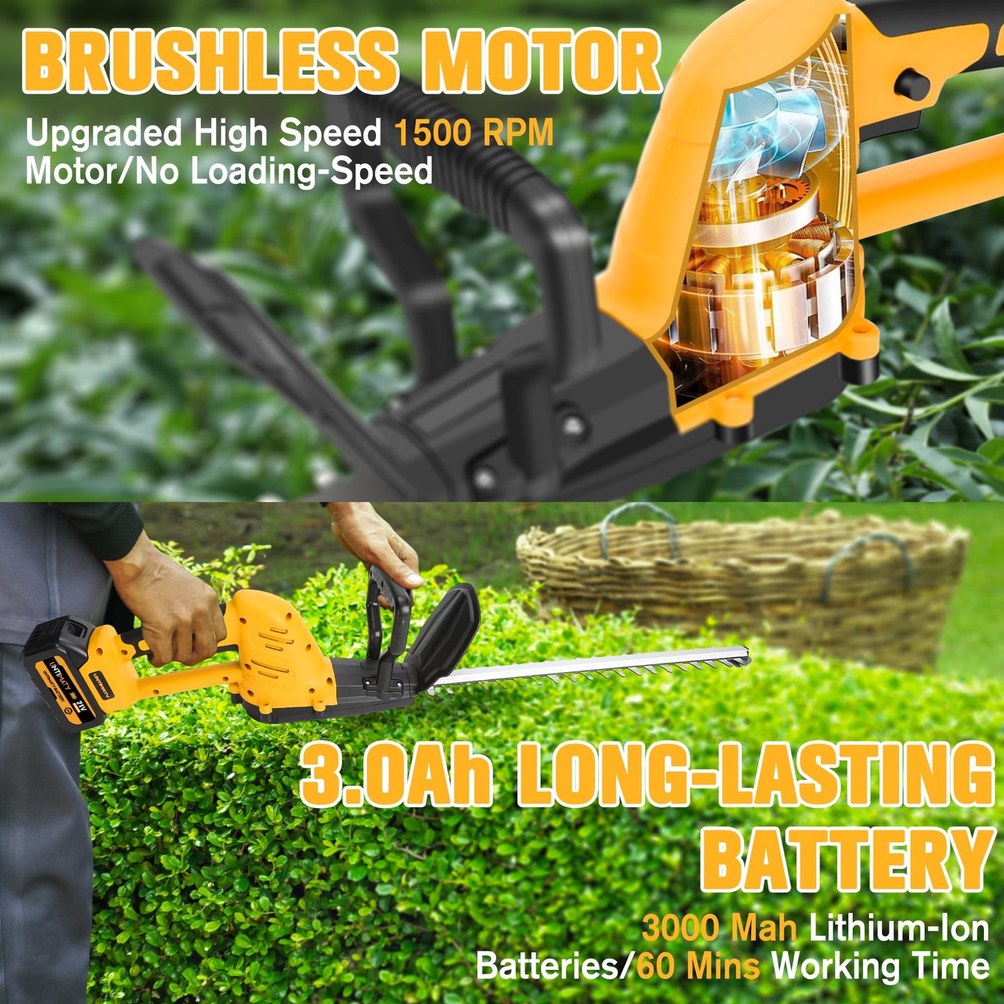 Hedge Trimmer Cordless, UNTIMATY 21V Electric Hedge Trimmer with 3.0Ah Battery and Charger for Bush Shrub Cutting, Trimming, Yellow