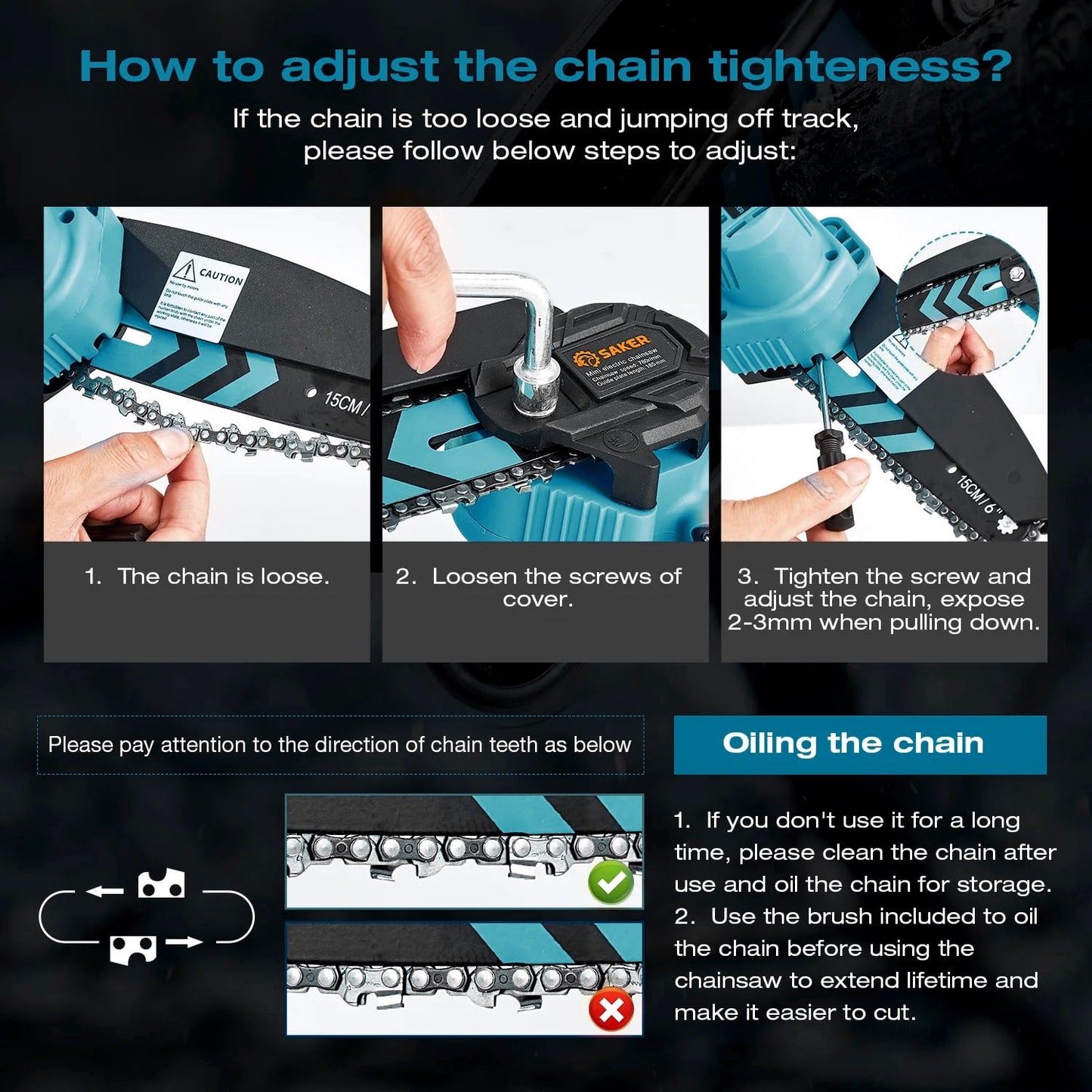 Saker 6 inch Mini Chainsaw with 2 Batteries & 2 Chains, Electric Chainsaw for Cutting, Ideal for Gardening, Tree Trimming, Blue