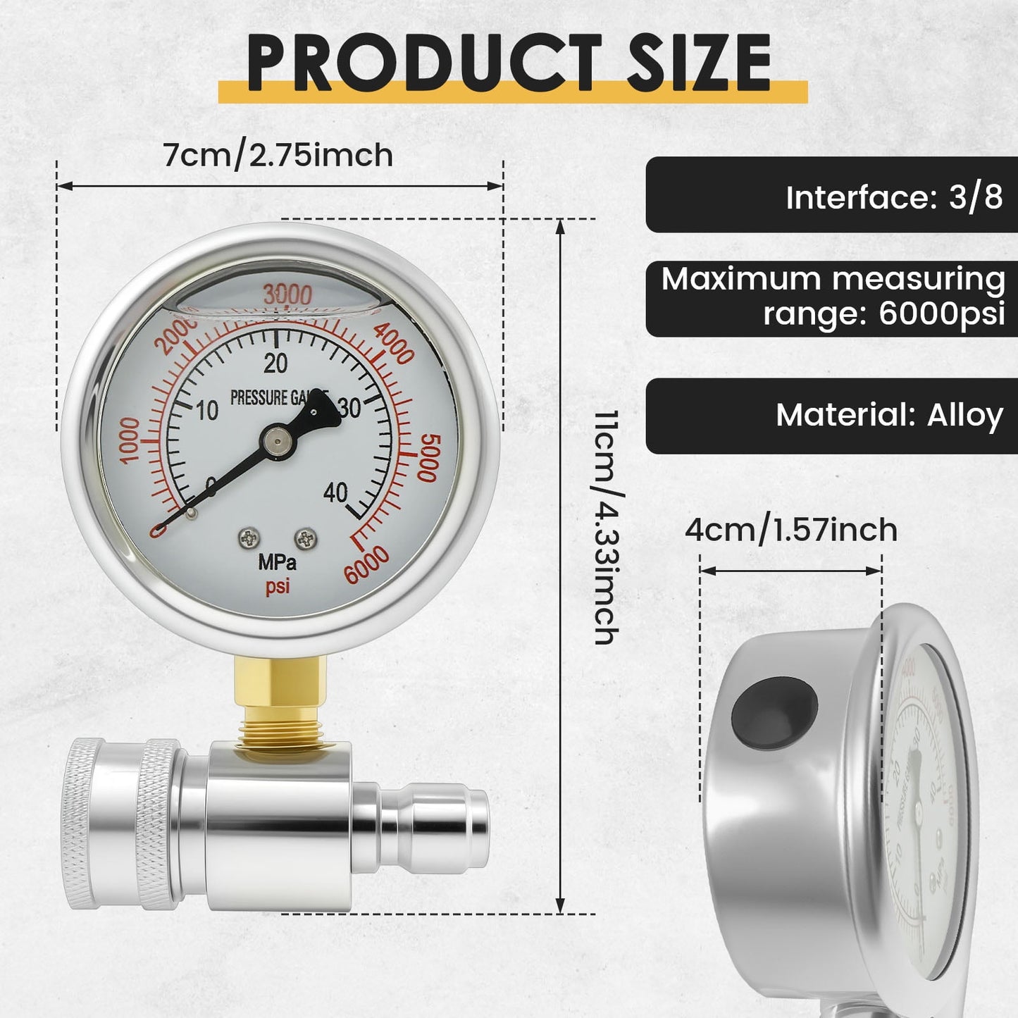 Pressure Washer Gauge 6000PSI Stainless Steel Double Scale Power Washer Gauge with 3/8 Inch Quick Connect for Car