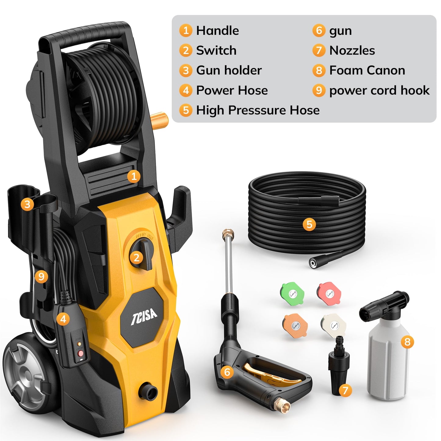 TCISA 3800 PSI Electric Pressure Washer,Max 2.5 GPM Power Washer with 35FT Power Cord 20FT Hose 5 Nozzles,Soap Cannon for Car Garden Yard Hom