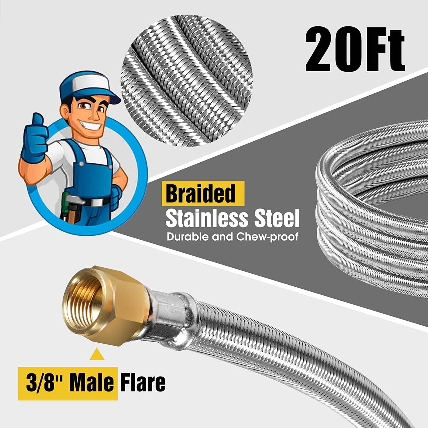 20Ft High Pressure Braided Propane Hose Extension with Fittings -Conversion Coupling includes 3/8" Flare to 1/2" Female NPT, 1/4" Male NPT, 3/8" Ball Valve Switch for BBQ Grill, Fire Pit Heater