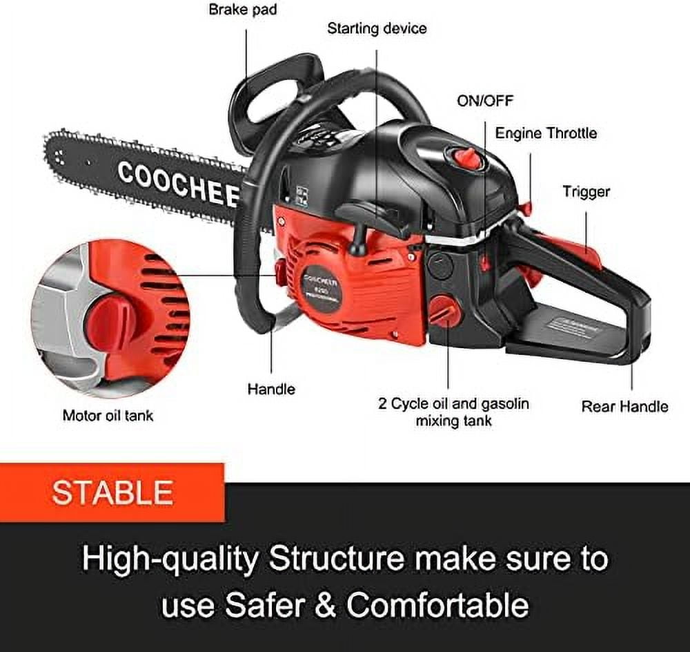 62CC Gas Chainsaw with 20-Inch Bar, 2 Chains, and 3.5HP Engine, Handheld Cordless Chainsaw for Tree Wood Cutting and Limbing, Red
