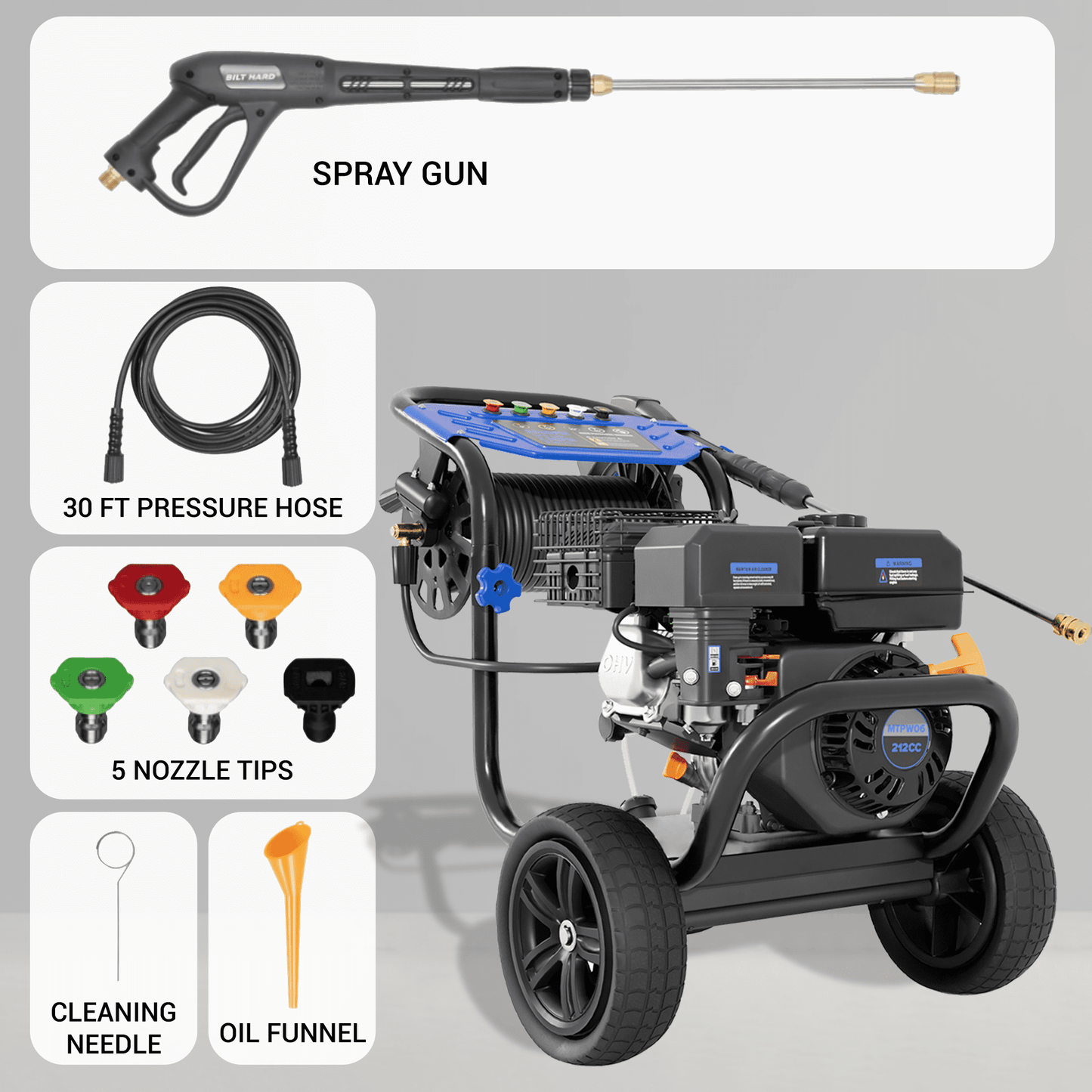 Efurden 3600 PSI 2.3 GPM Gas Pressure Washer, Heavy Duty Gas Power Pressure Washer with 212CC Engine, 30ft High-Pressure Hose & Hose Reel and 5 Quick Connect Nozzle