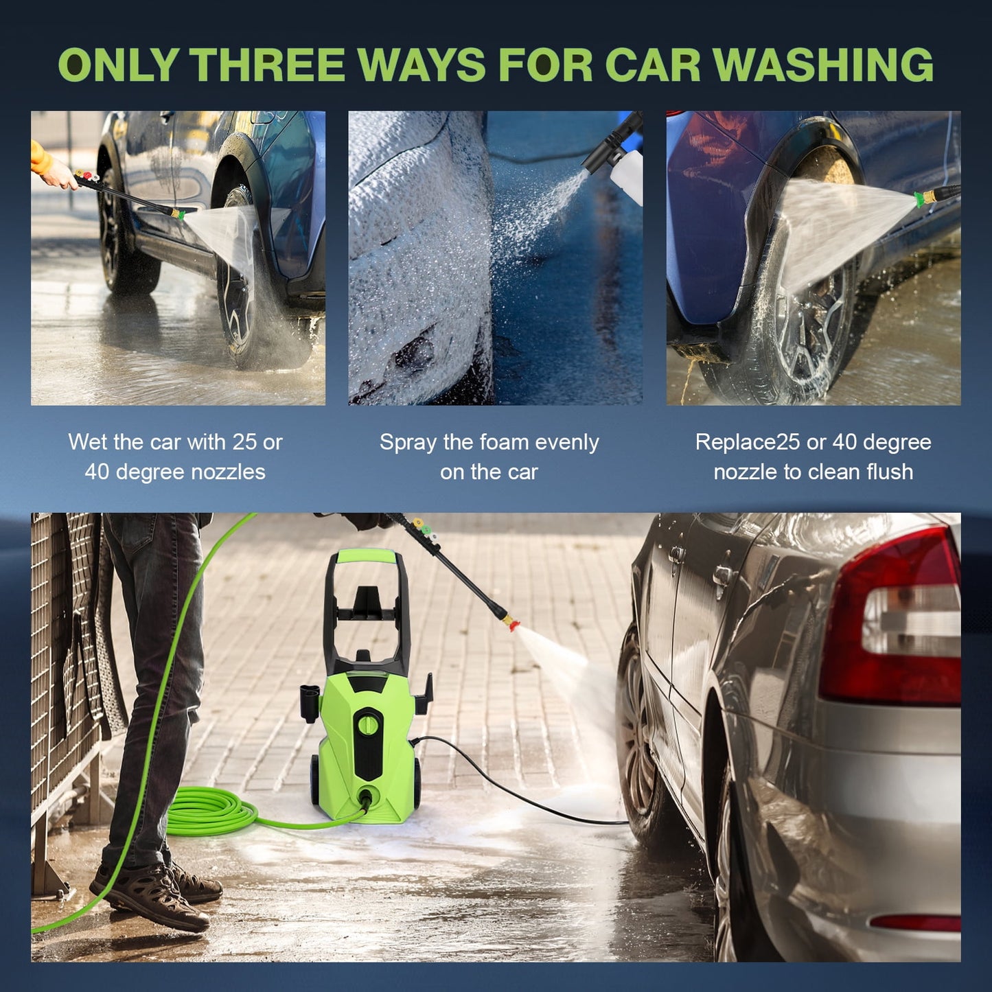 5000PSI Electric Pressure Washer，2025 New Power Washer with 33FT Resistant Extension Pressure Washer Hose Reel, 4 Nozzles, Professional Powerwashers for Home/Car(Green)
