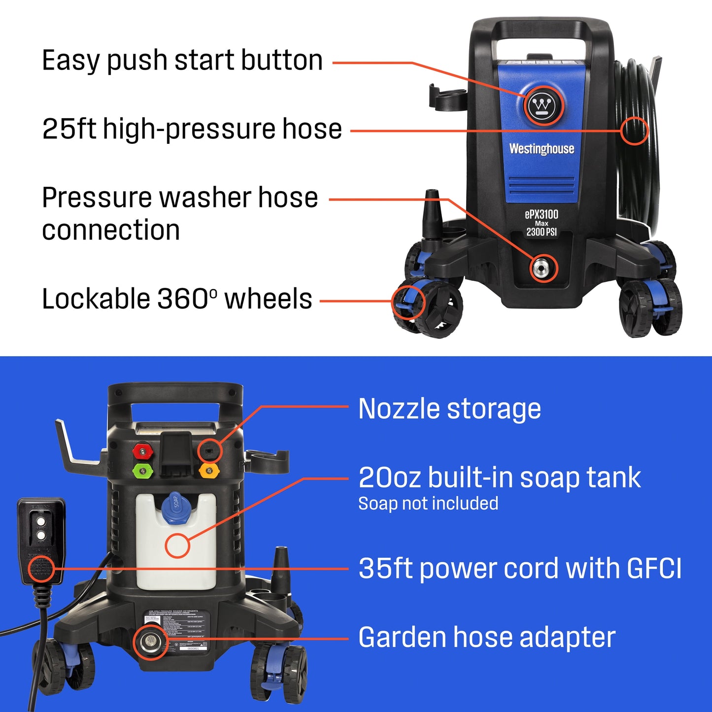 Westinghouse 2300 Max PSI Electric Pressure Washer, 1.76-GPM, Soap Tank, 5 Nozzles