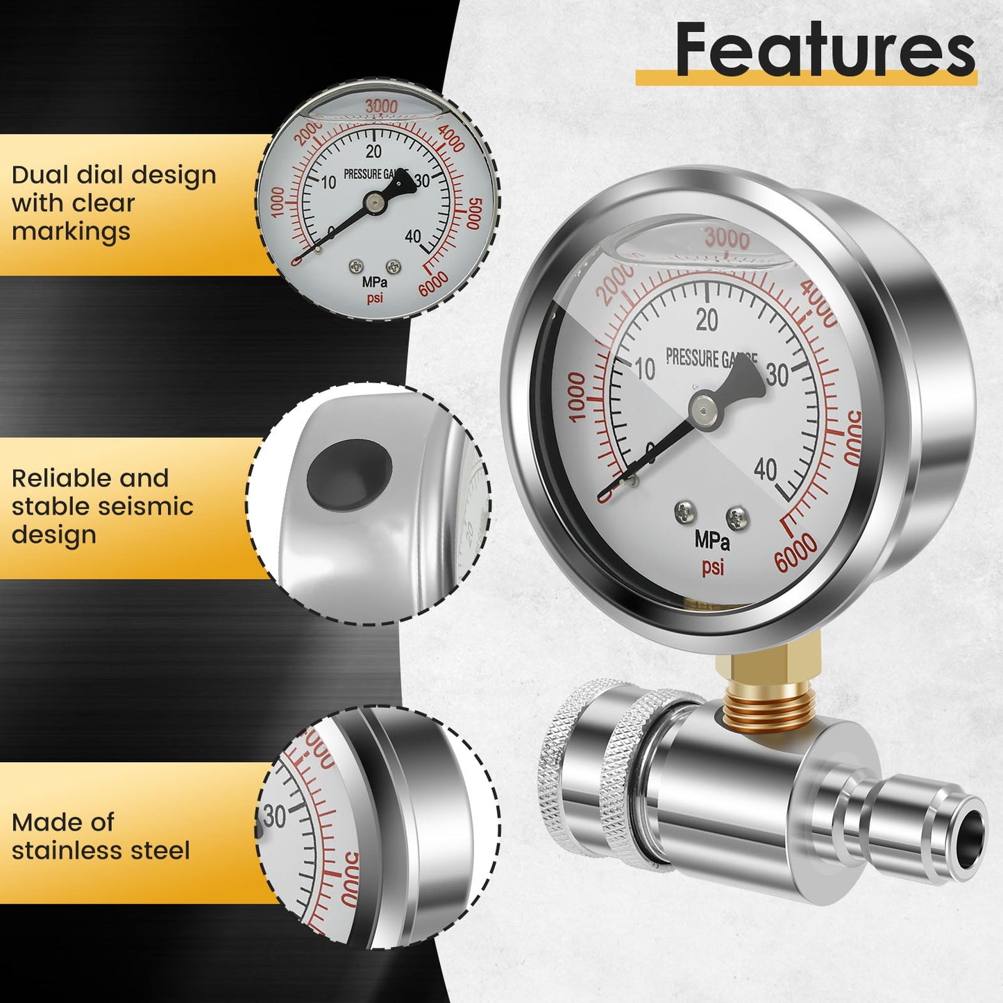 Pressure Washer Gauge 6000PSI Stainless Steel Double Scale Power Washer Gauge with 3/8 Inch Quick Connect for Car