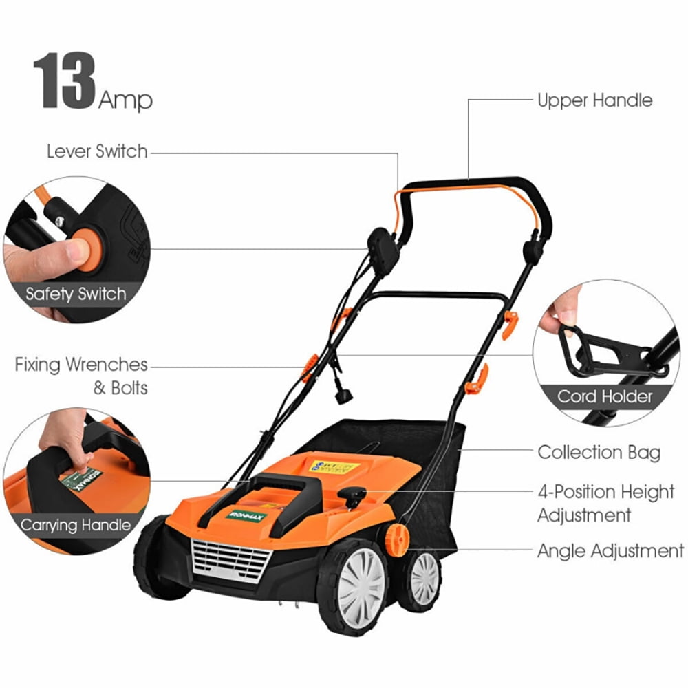 GVN 15 Inch 13 Amp Electric Scarifier with Collection Bag and Removable Blades-Orange, Electric Lawn Mowers for Garden, Yard and Farm