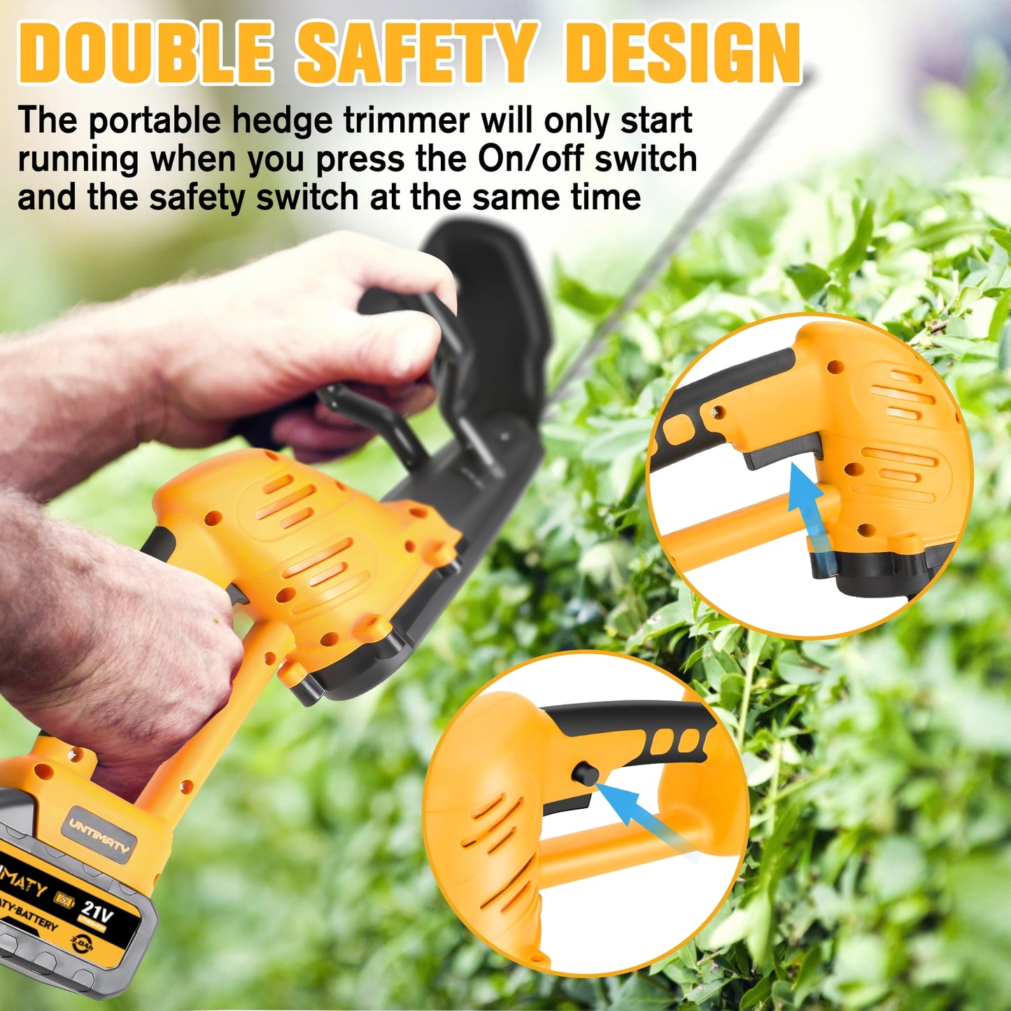 Hedge Trimmer Cordless, UNTIMATY 21V Electric Hedge Trimmer with 3.0Ah Battery and Charger for Bush Shrub Cutting, Trimming, Yellow