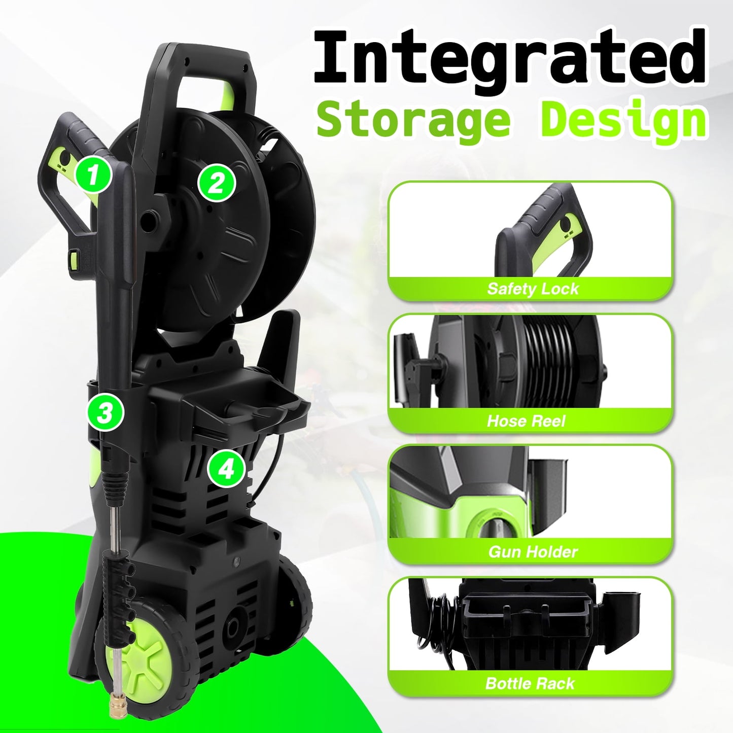 Electric Pressure Washer, 3500 Max PSI, 2.4 GPM Power Washer Machine with Hose Reel, 32FT Hose, 5 Quick Connect Nozzles, Foam Cannon Portable to Clean Patios, Cars, Fences, Driveways