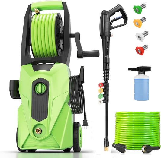 5000PSI Electric Pressure Washer，2025 New Power Washer with 33FT Resistant Extension Pressure Washer Hose Reel, 4 Nozzles, Professional Powerwashers for Home/Car(Green)