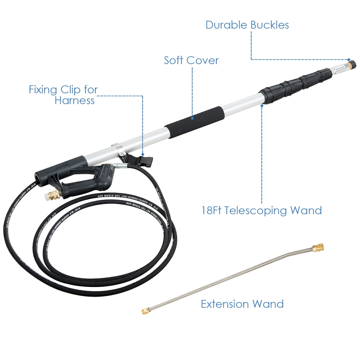 Telescoping Pressure Washer Extension Wand, Telescoping Spray Wand Lance 18 Ft, Commercial Grade Washer Spray Gun, Wands with Adjustable Strap Belt and 5 Quick Connect Nozzles, 4000 PSI