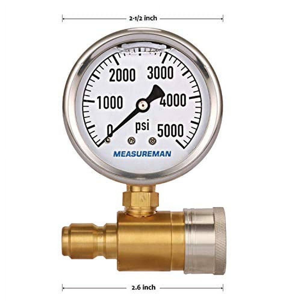 MEASUREMAN 2-1/2" Pressure Washer Pressure Gauge Kit 3/8 Inch Quick Connect 0-5000 PSI Glycerin Filled