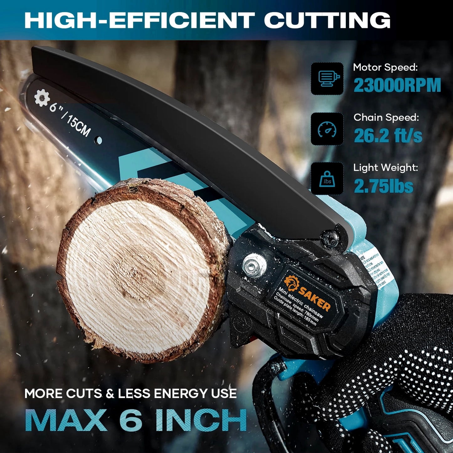 Saker 6 inch Mini Chainsaw with 2 Batteries & 2 Chains, Electric Chainsaw for Cutting, Ideal for Gardening, Tree Trimming, Blue