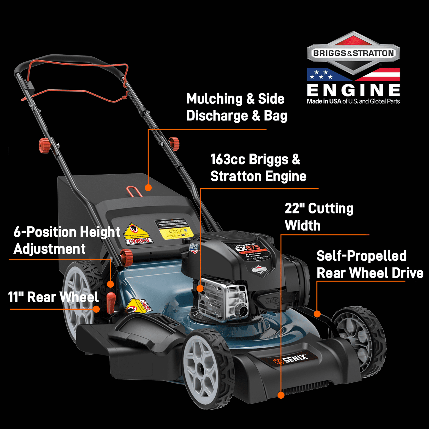 SENIX Self-Propelled Gas Lawn Mower, 22in Cutting Blade / 23in Cutting  Deck, 163 cc 4-Cycle Made in USA Briggs & Stratton Engine , 3-In-1, 6-Position Adjustment, 11in Rear Wheels, LSSG-H1