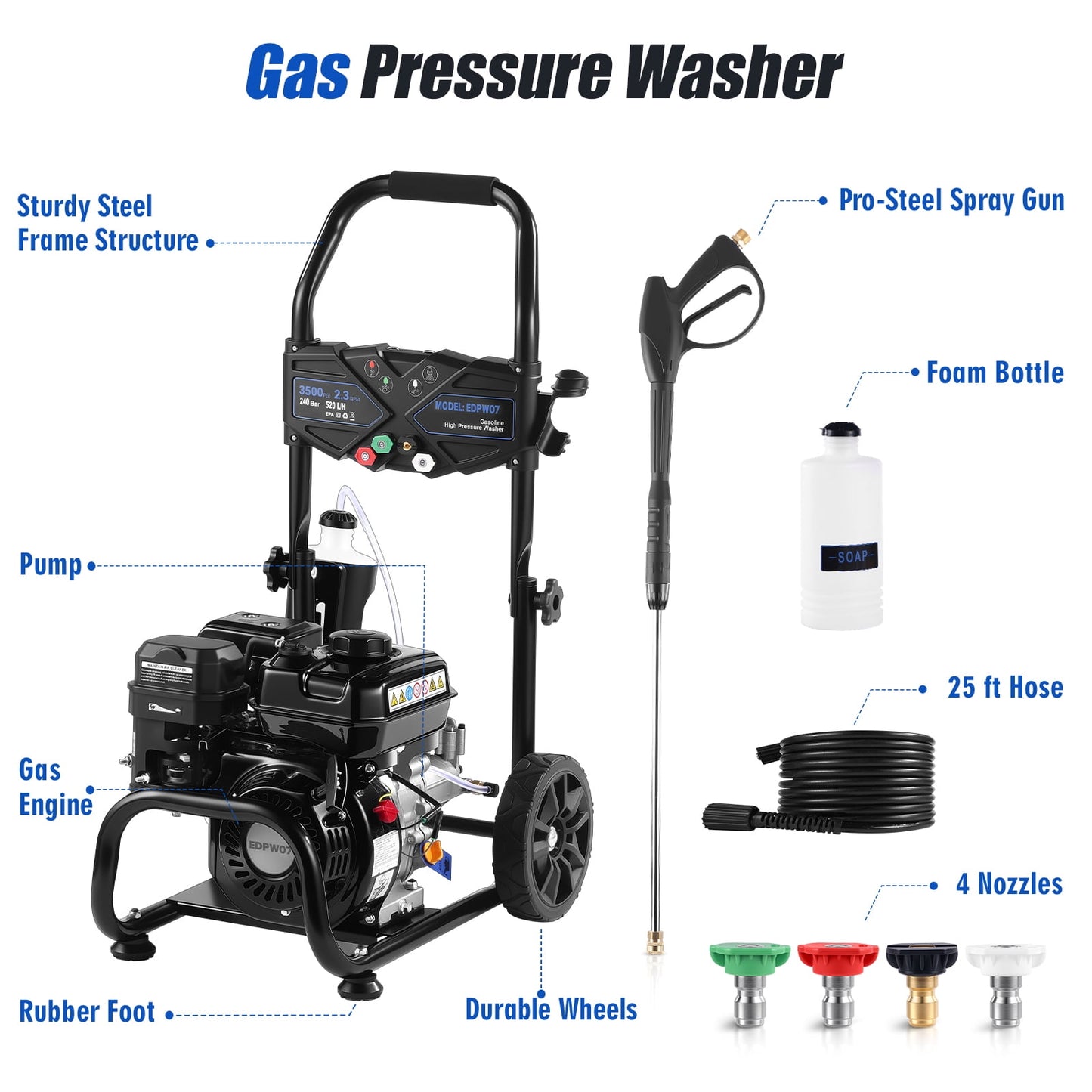 Efurden 3500PSI 2.3GPM Gas Pressure Washer with 209CC 7HP Engine, 4 Quick Connect Nozzles, 25FT Pressure Hose & Soap Tank