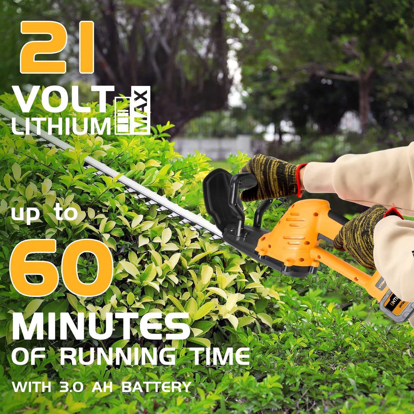 Hedge Trimmer Cordless, UNTIMATY 21V Electric Hedge Trimmer with 3.0Ah Battery and Charger for Bush Shrub Cutting, Trimming, Yellow