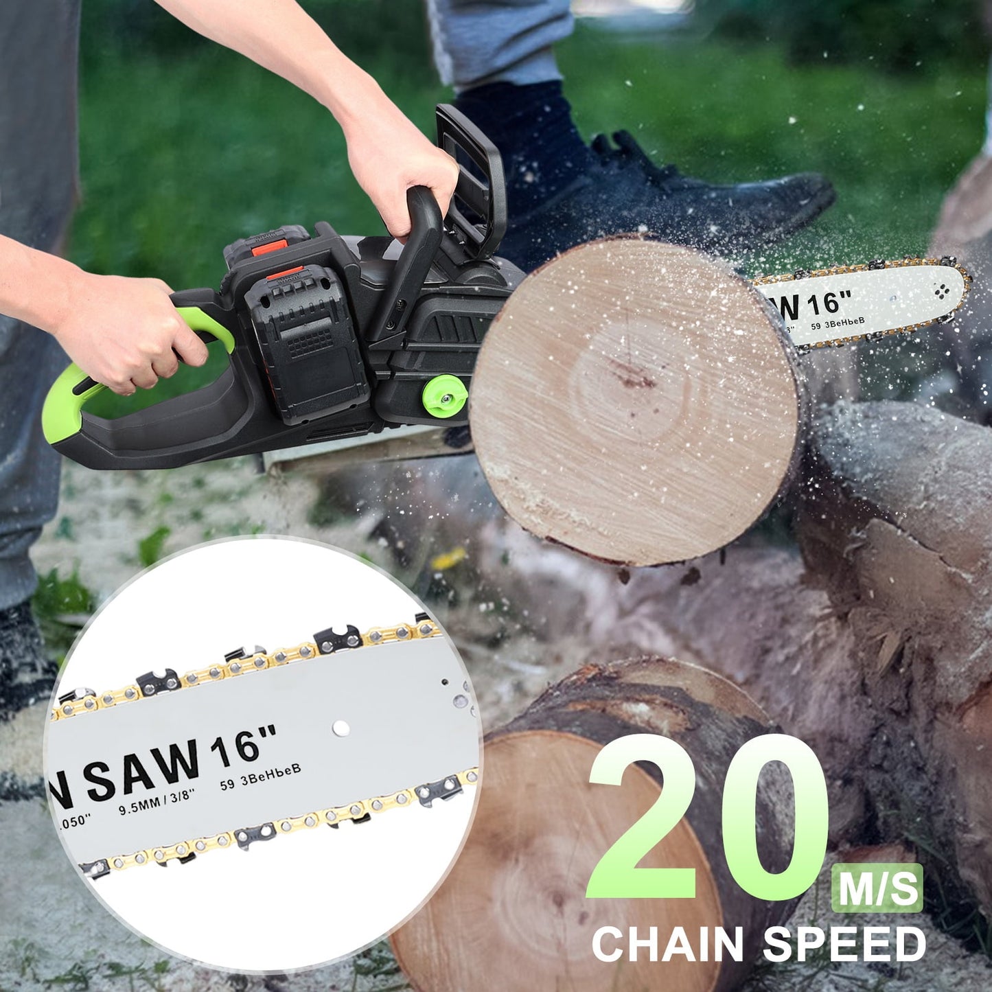 Electric Chainsaw Cordless 16 Inch, High-Power 1800W Battery Chainsaw with 4Ah Battery & Fast Charging, Ideal for Wood Cutting & Garden Work