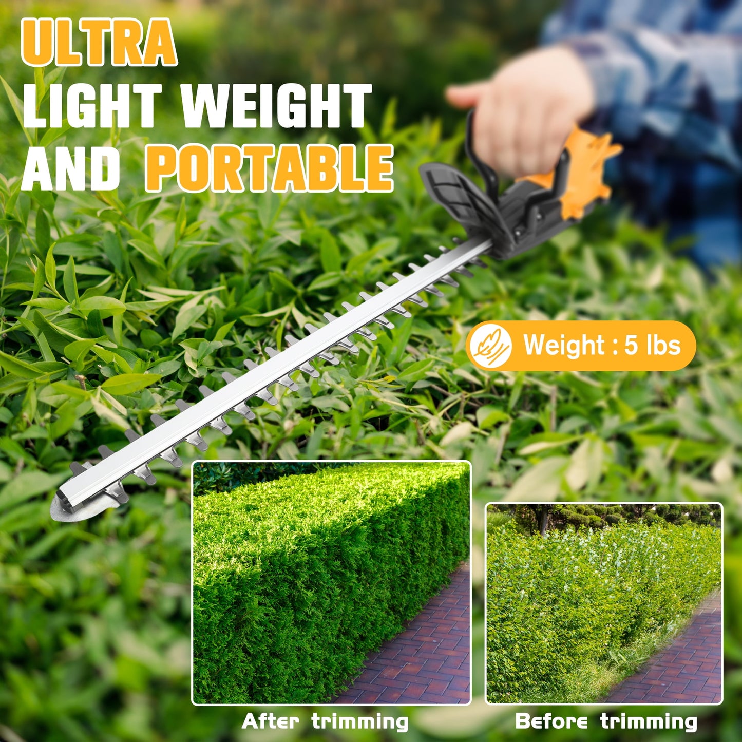 Hedge Trimmer Cordless, UNTIMATY 21V Electric Hedge Trimmer with 3.0Ah Battery and Charger for Bush Shrub Cutting, Trimming, Yellow