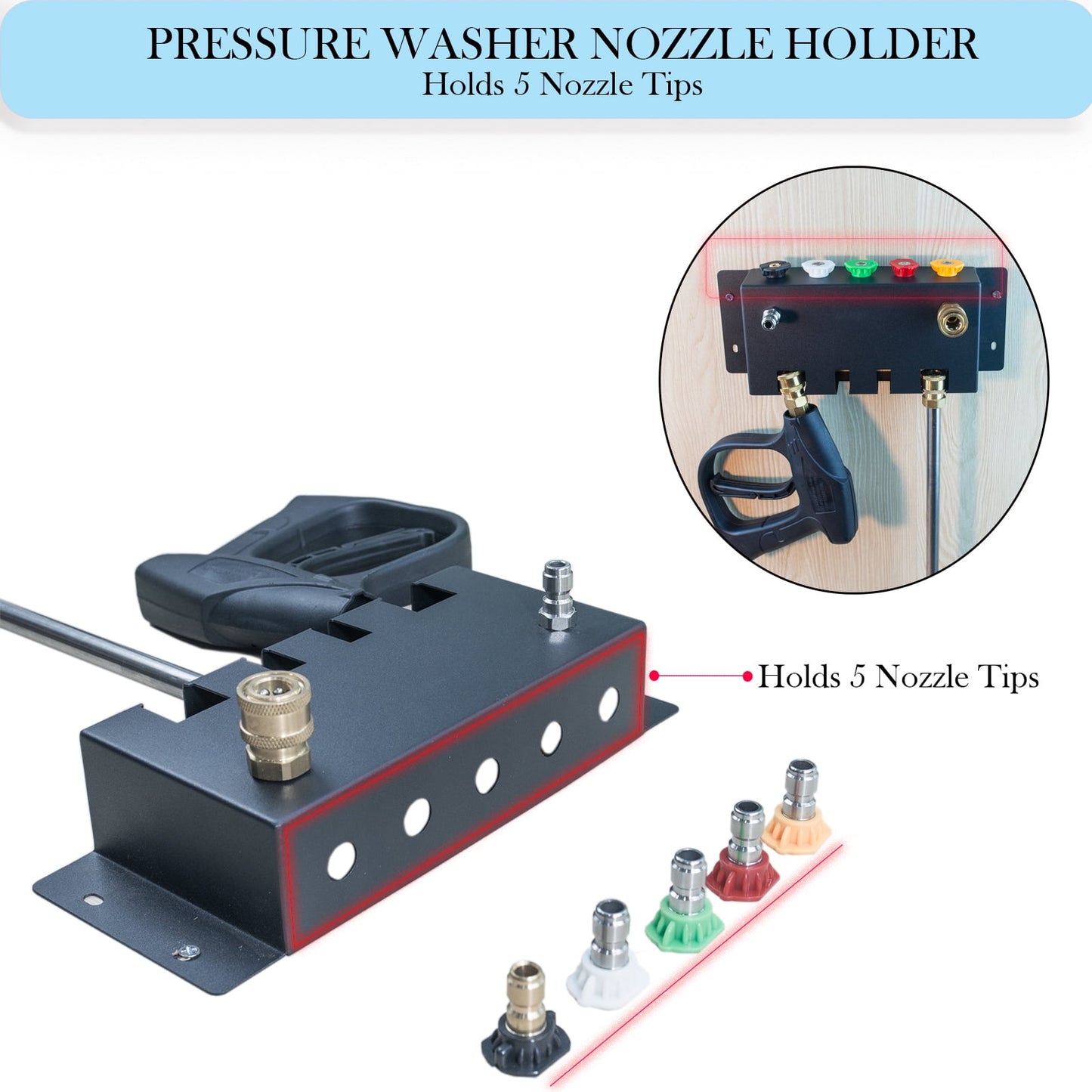 Pressure Washer Gun Holder-Foam Cannon Holder-Pressure Washer Wand Holder-Pressure Washer Nozzle Tip Holder For Car Pressure Washer Kit Storage Rack Wall Mount (Fit 1/4" Quick Connector)